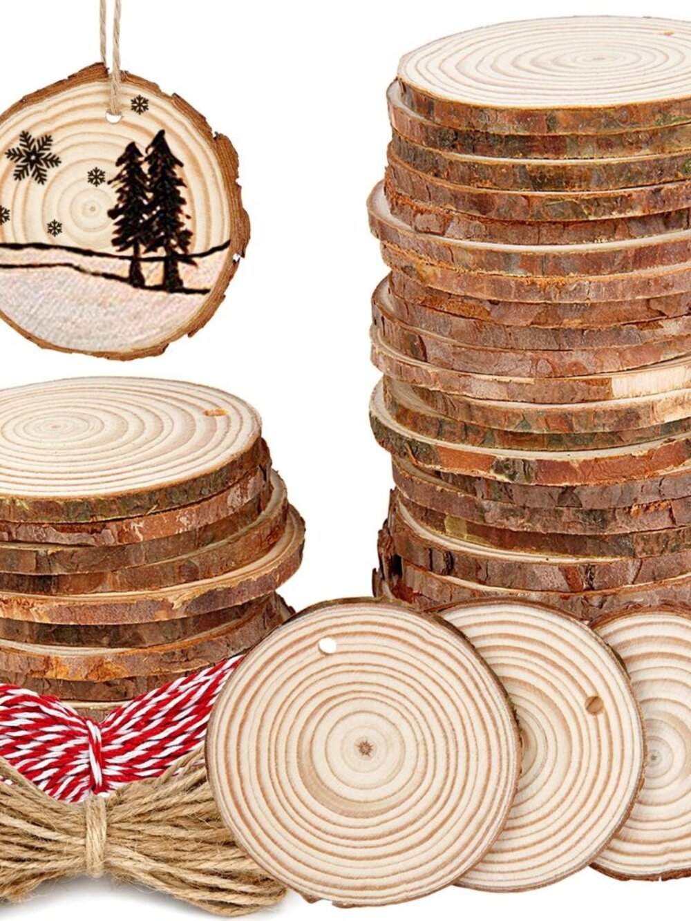 2.4-2.8IN Natural Wood Slices with Jute Twine for DIY Ornaments 50